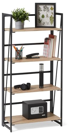 Amazon Basics Librería Plegable, Estructura de Metal, 4 Estantes de Madera, Sala de Estar, Dormitorio, Oficina en Casa, Fácil Montaje, Roble, 29,5cm x 60cm x 125cm