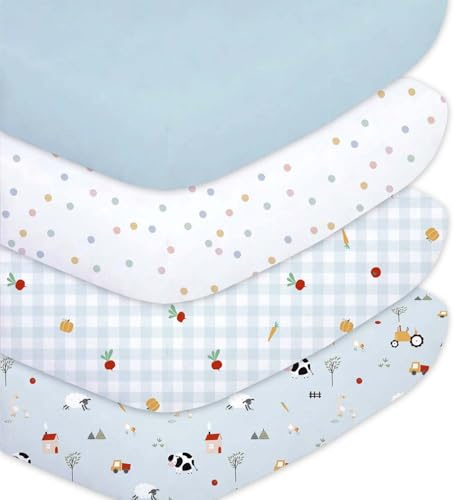 Little Grape Land 4-pack spännlakan 60 x 120 cm för baby och spjälsängar, andningsaktiv mikrofiber polyester babysängkläder, OEKO-TEX certifierad barnsäng, madrasslakan, blå