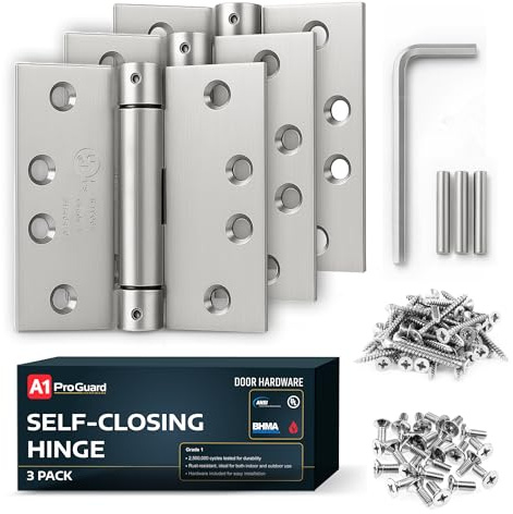 A1 ProGuard Satin Door Hinges 4.5 Inch Self Closing Hinge Hardware Adjustable Spring Hinges for Commercial Grade Self-Closing, UL Listed 3 Pack