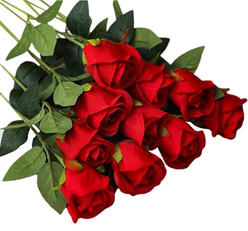 Fake Rose Flowers - Roses artificielles Rouge luxuriantes, tiges Florales de Soie décoratives | Bouquet de Fausses Roses, Bouquet de Fleurs élégantes vibrantes pour la Maison d'anniversaire e