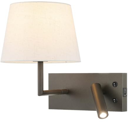 XiNBEi Lighting Bedside Wall Light with USB, On Off Switch & Reading Light | Adjustable Fabric Sconce Light, Beige Linen Shade, Dark Bronze Finish, E27, Modern Hardwired Wall Lamp for Living Room Hotel