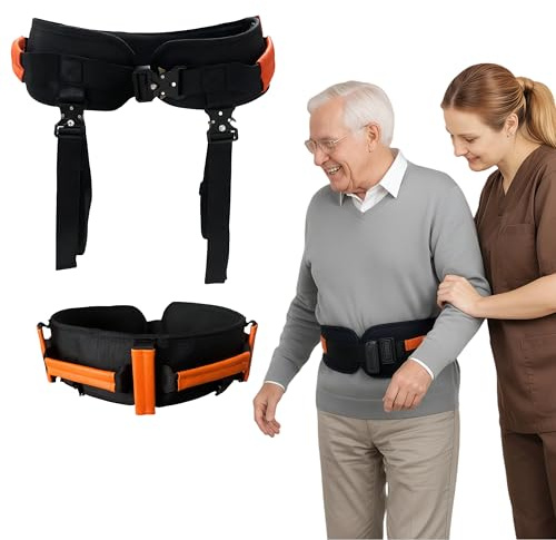 NurtureCare Cintura di Trasferimento con Fibbia in Metallo e Cinghie per le Gambe, 7 Maniglie, Ausilio per Sollevamento e Spostamento, Supporto alla Deambulazione per Anziani e Adulti (Arancione, M)