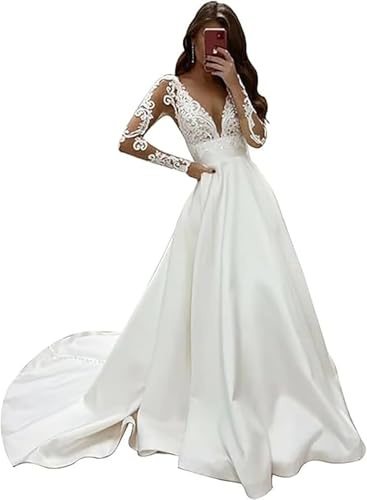 HAIBFJIN Abito da sposa a sirena, in raso, linea A, ufficio del registro, abito da sposa, bianco-C., 54
