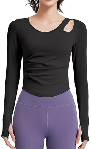 Camiseta Deportiva Corta Mujer Manga Larga con Orificios para el Pulgar, Top de Yoga Fruncido Escote Recortado Transpirable