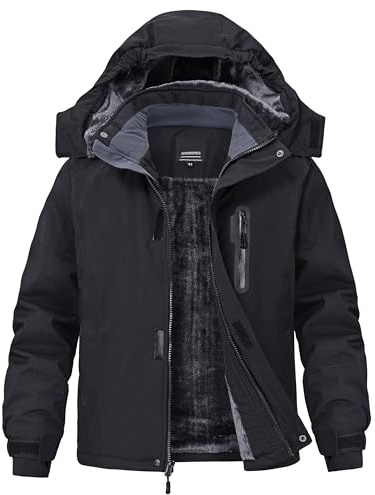 Buyboxs Boys Winter Jackets Fleece Lined Zipper Pockets Warm Waterproof Snowboard Coat for Kids Hardshell Ski Jacket with Hood Black M (8-9)