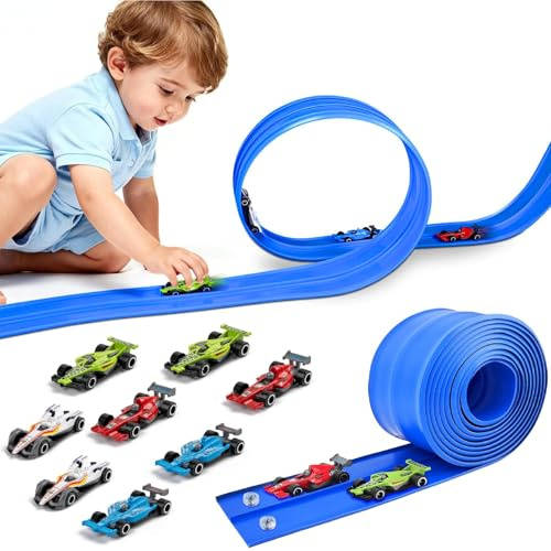 Dcceeo Flexibel Bilbana 4M med Dubbla Spår, 8 DIY Formel Racer Leksaksbilar, Flexibel Rullebane, Blå, Present för Pojkar och Flickor