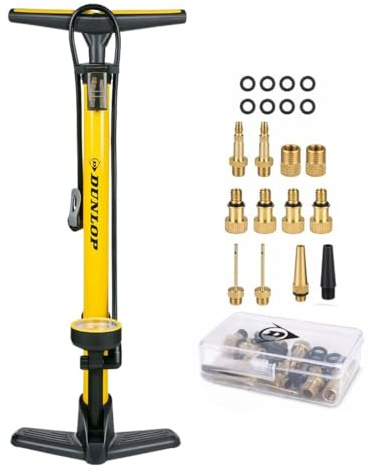 Dunlop Bicycle Pump with Pressure Gauge and Valve Adapter Set - Floor Pump 180 PSI - for Presta Dunlop Schrader Valve - Adapter for Bicycle Car Ball - Includes Storage Box
