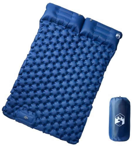 Ziaphsol Double matelas auto-gonflant avec coussin, tapis de camping en nylon 40D avec revêtement TPU, 195 x 130 x 8,5 cm, pour 2 personnes, bleu marine, léger et compact pour le camping et la