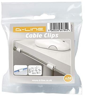 D-Line, 20 x White Cable Tidy Clips - Low profile Self-Adhesive Cable Management Solution for Holding Phone Chargers & String Lights - Size: 26mm (L) x 15mm (W) x 8mm (H)