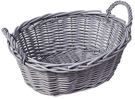 Woodluv Hand Made Oval Storage Hamper Wicker Basket With Handles - Grey