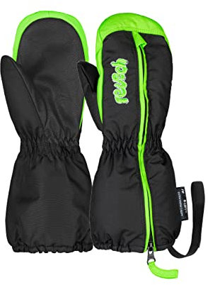 Reusch Unisex baby Tom extra ventilerande vantar lång stängning dragkedja på baksidan av handen garanterar vindtäta babyhandskar vinterhandskar, svart/grön, II, Svart/grön, II