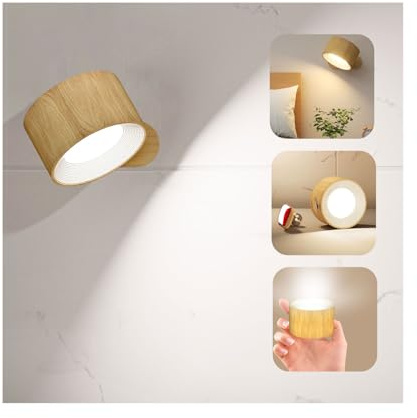 Deyagoo LED Wall Sconce, Wall Mounted Lamp with Rechargeable Battery Operated USB Port 3 Color Temperature & 3 Brightness Level 360°Rotate Magnetic Ball, Cordless Light for Reading Bedside-Wood