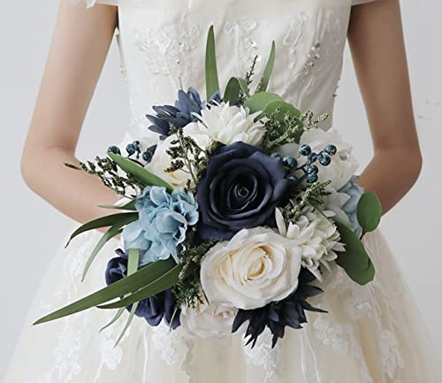 S_SSOY Wedding Bouquet for Bride Bridesmaid Navy Blue Silk Rose Bouquet for Wedding Party Prom Decoration