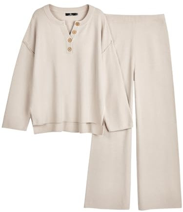 LILLUSORY 2-teiliges trendiges Outfit für Damen, übergroß, lässig, passend, Loungesets, gemütlich, gestrickt, Loungewear, Pullover-Sets, aprikose, M