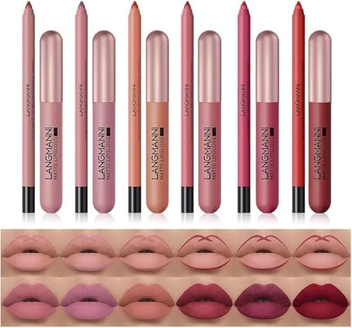 6 Farben Matte flüssiger Lippenstift mit 6 Stück Lipliner Set, Samtiger haltbarer Lipliner-Stift Feuchtigkeitsspendender hochpigmentierter Lipgloss All in One Beauty Makeup Geschenk Set