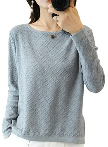 Suéter de punto fino de algodón para mujer con cuello redondo sólido para primavera, ropa exterior para mujer de manga larga, gris, M