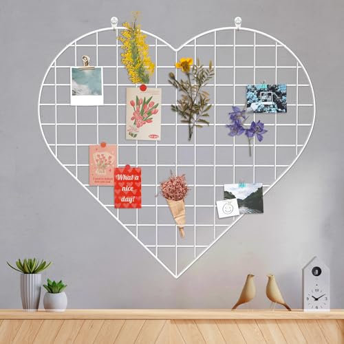 ECLENYES Grid Photo Wall Panels - 22.4x20.4 Heart Shape Iron Rack Art Wire Board, Wall Grid Organizer, DIY Photo Frame for Home, Office, Kitchen, Bedroom, Christmas Gifts - White