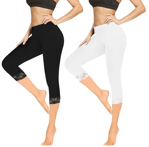 Geyuwoz Leggings Kvinnor 3/4 Sportleggings Kvinnor Bomull Capri Byxor Sommar Mage Spets Elastiska Yoga-Leggings Mjuka För Sport Eller Avslappnad
