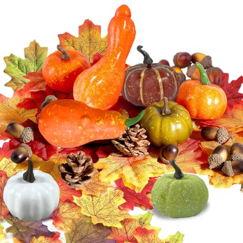 HONGECB 50 Stück Herbstdekorationen Kürbis-Set, Künstliche Kürbisse Set, Kürbis Ahornblätter Eicheln Set Tannenzapfen für Halloween Thanksgiving Festliche Party Dekoration Zubehör