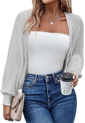 Hotouch Boleros für Damen Festlich Kurz Strickjacke Elegant Cardigan Open Front Shrugs Langarm Leichte Jäckchen Bolero Gestrickt Bolerojacke Schulterjacke Kleider Casual Einfabig Hellgrau XXL