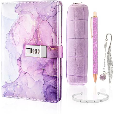 TNSLAND Set di Cancelleria Viola Diario con Lucchetto con Biro Segnalibro Braccialetto Astuccio per Matite, Regali per Ragazze di 7 8 9 10 11 12 13 14 Anni