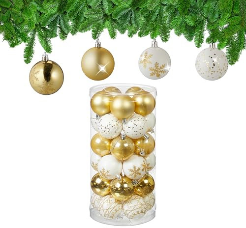 Relaxdays Christmas Baubles Set of 30, Plastic, D: 6 cm, Round, Shatterproof, Tree Decorations, Patterns, Gold/White, 7 x 6 x 6 cm