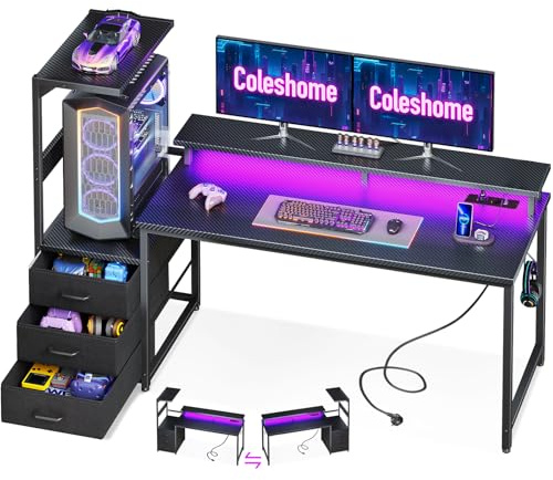 Coleshome Gaming Tisch mit mit Schubladen, 151×50cm Gaming Schreibtisch mit LED-Beleuchtung & Steckdose, Computertisch mit Ablageflächen & Monitorständer, Carbon Fiber Schwarz