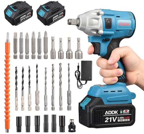 Clé à Chocs Sans Fil Brushless, Boulonneuse a Choc avec 2 Batteries 3.0Ah, Chargeur Rapide, LED, 25pcs Accessoires et Valise pour la Voiture et la Maison (4)
