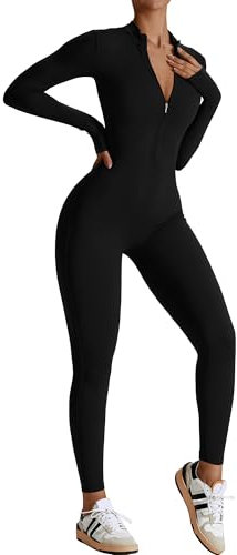 SEAUR Yoga jumpsuit dam lång sport overall bodycon bodysuit 1/2 dragkedja tight lekdräkt en del sparkdräkt för gym fitness jogging S-XL, Svart, M