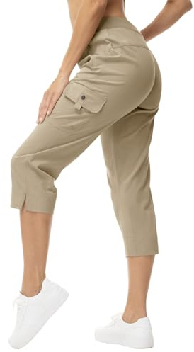 Rdruko Pantalon cargo de randonnée léger pour femme - Stretch 3/4 - Pantalon d'été - Pantalon capri respirant - Pantalon de sport athlétique - Voyage - Pantalon d'extérieur avec poches - Gris kaki - M