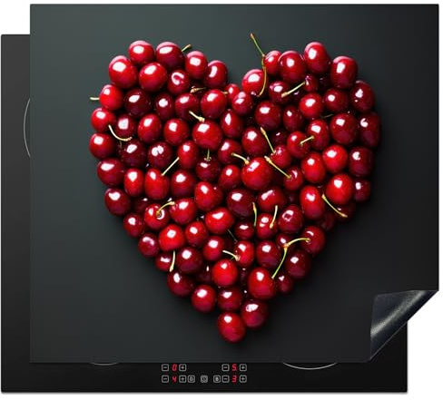 KitchenYeah© Protector Vitroceramica 59x51 cm Tapa para induccion Placa Encimera Cubre de Protectora Cocina Cerezas - Corazón - Rojo - Negro - Regalo de San Valentín