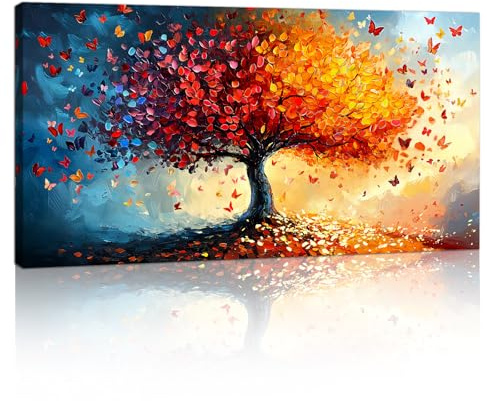 Large Orange Red Tree of Life Tree Canvas Wall Art, Framed Abstract Colorful Butterflies Trees Paintings Nature Plants Canvas Prints Wall Pictures Artwork for Living Room Bedroom Home Decor 50x100cm