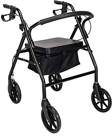 HOBBYZOO 4 Wheel Walker with Padded Seat and Back, Foldable and Height Adjustable Rollator, Iron and Nylon Walker for Seniors and Disabled, Black