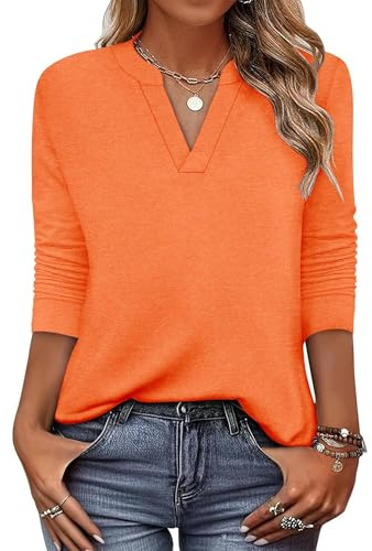 CRAZY GRID Women Plus Size V Neck Fall Top Fashion Casual Dressy Long Sleeve Shirt Ladies Loose Light Blouse Comfort Soft Large Fall Clothes Oversized 3XL Orange