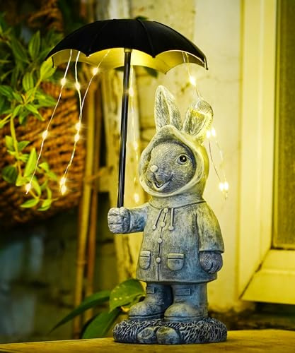 Solar Rabbit Garden Ornaments Holding Umbrella with String Lights Grey