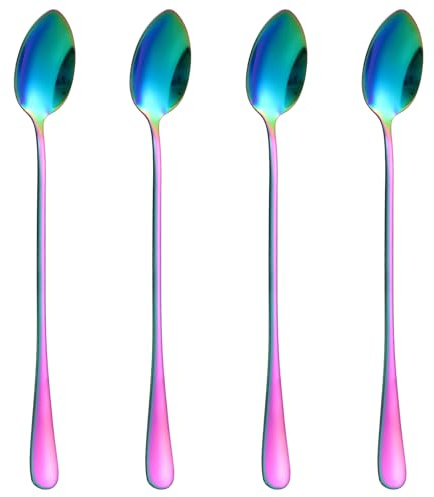 Guduling 4 Pcs Rainbow Sundae Spoons,Rainbow Teaspoons,Coffee Spoon,Stainless Long Handled Spoon for Coffee, Tea, Desserts, Ice Cream, and More