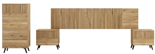 amuéblate Online - Pack Dormitorio Matrimonio Completo Nordik con Cabecero + 2 Mesitas de Noche + Sinfonier | Color Roble Miel