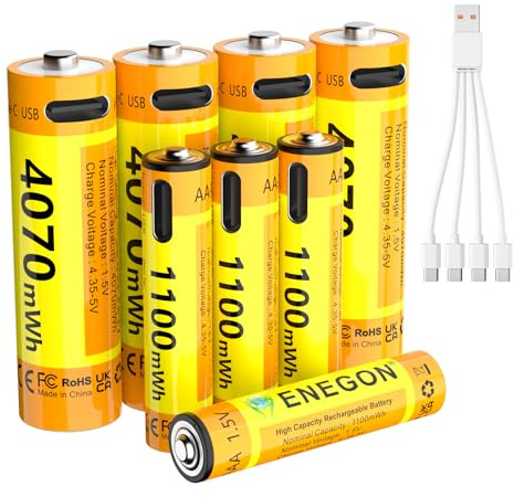 ENEGON Lot AAA+AA: 4 Piles AAA + 4 Piles AA Lithium Rechargeables USB-C, AAA 1100 mWh/AA 4070 mWh, 1,5 V Constant, câble de Charge 1-vers-4, pour télécommandes, balances, claviers et Souris