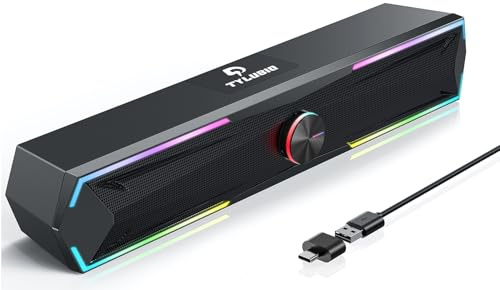 Tylubio Computer Speakers PC Sound Bar with Stereo Sound, Flowing LED & Push-Button Control Computer Speaker for Desktop Laptop Monitor, USB Input Black
