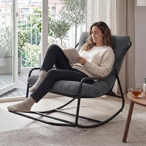 Villeston Übergroßer Schaukelstuhl, Gemütlicher Papasan-Stuhl mit Dick Gepolstertem Rahmen, für Innen- und Außenbereich – Robuster Stahlrahmen, Max. 160 KG，Dark Grey