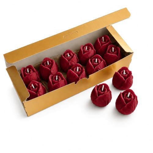 Set de 10 Velas en Forma de Rosa, Velas Decorativas de Cera de Colza Natural, Regalo para Invitados, Bodas, Bautizos, Comuniones y Eventos, Hecho en España (Rojas)