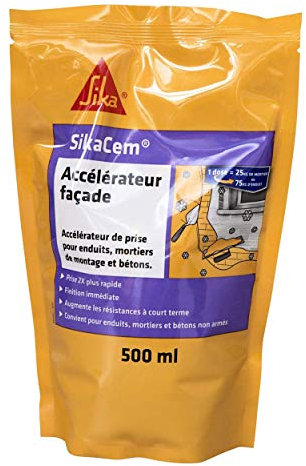 SIKA - Accélérateur de prise pour enduits, mortiers de montage et bétons - SikaCem Accélérateur Façade Transparent - Améliore les résistances à court terme - Prise 2 fois plus rapide - 500ml