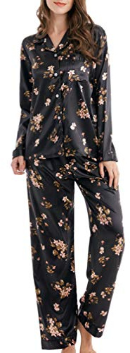 Pigiama da donna in raso, maniche e pantaloni lunghi Fiori neri. S
