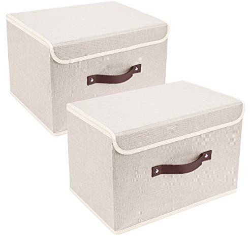 TYEERS Collapsible Storage Box with Lid, Fabric Storage Box for Clothes, Wardrobe Storage, 38x25x25 cm, Set of 2, Beige