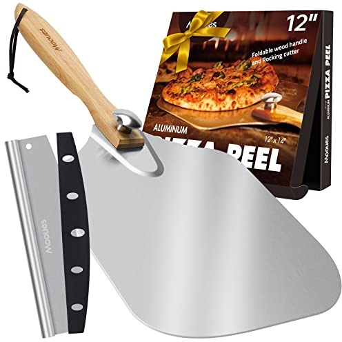 Pizza Peel Aluminum Pizza Spatula, Mooues 12 inch Metal Pizza Paddle(12x 14)with Rocker Cutter Foldable Wood Handle, [Storage bag included], for Family Pizza Oven Baking Pizza, Dough, Bread & Pastry