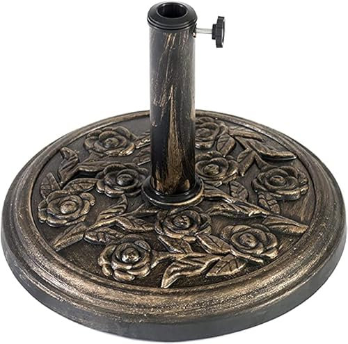 MAECENA Heavy Duty 12kg Garden Parasol Base Floral Design Bronze Finish Cast Iron Effect Base Umbrella Stand Round | 12kg Cast Iron Bronze Flower Floral Design