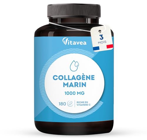 Collagène Marin Type 1&3, 1000mg |Bas poids moléculaire, haute absorption | Peptides Marins Hydrolysés | Avec Vitamine C | Peau & Articulations | 180 comprimés, 3 mois | Fabriqué en France | Vitavea