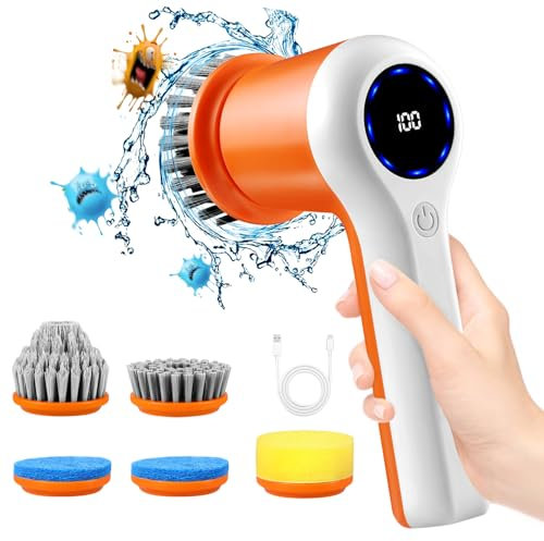 GRUTTI Cepillo de Limpieza Eléctrico Inalámbrico, Cepillo de Limpieza Eléctrico con 5 Cabezales Recambiables, Cepillo de Limpieza Eléctrico con Mango, para Baño, Cocina y Coche