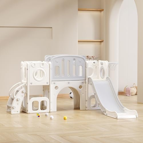 6 in 1 Kinderrutsche Indoor und Outdoor für ab 1-5 Jahr, Kinder Spielplatz mit Rutsche, 2 Plattform, 2 Bodenschrankfächern, Basketballkorb und Treppe, Gartenrutsche (Grau+Weiß)