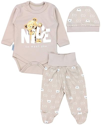 TupTam Baby Mädchen Jungen Bekleidungsset Langarmbody Hose Mütze mit Aufdruck Spruch 3 teilig, Farbe: Bärchen Beige, Größe: 56